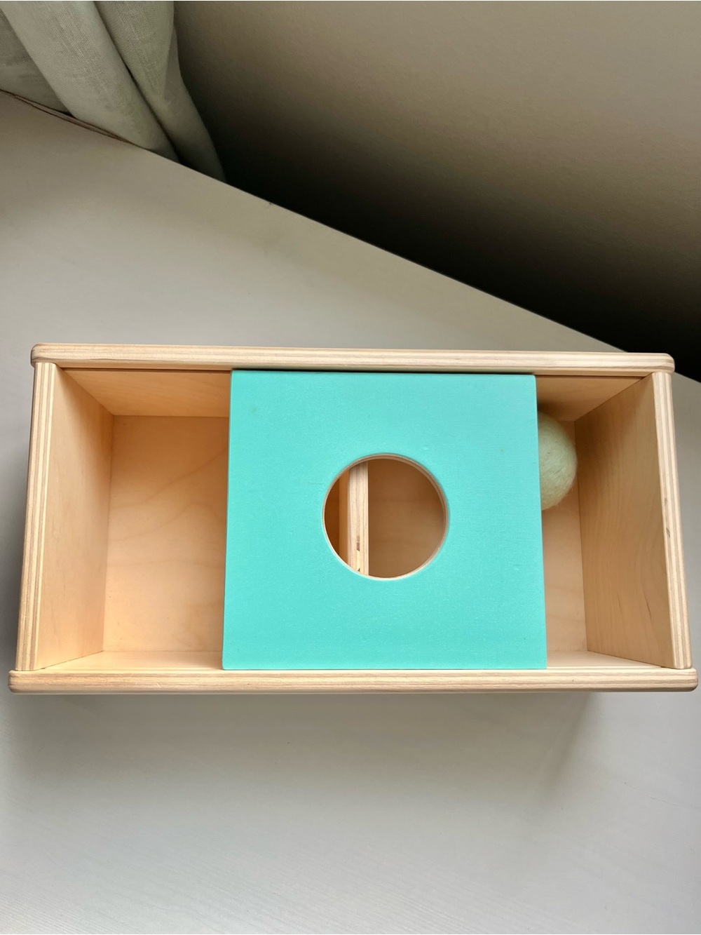 Lovevery Blue Wooden Sliding Top Ball Drop Box with Ball The Thinker Play Kit